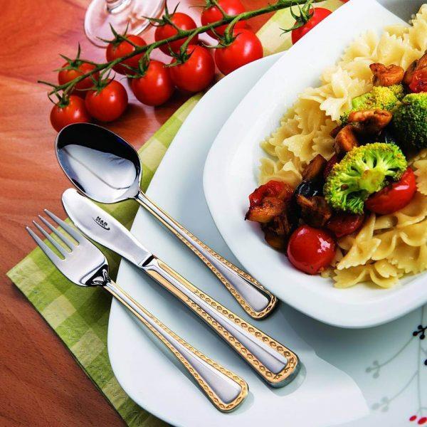 قاشق و چنگال غذا خوری  12 پارچه ناب استیل طرح برلین دور طلایی